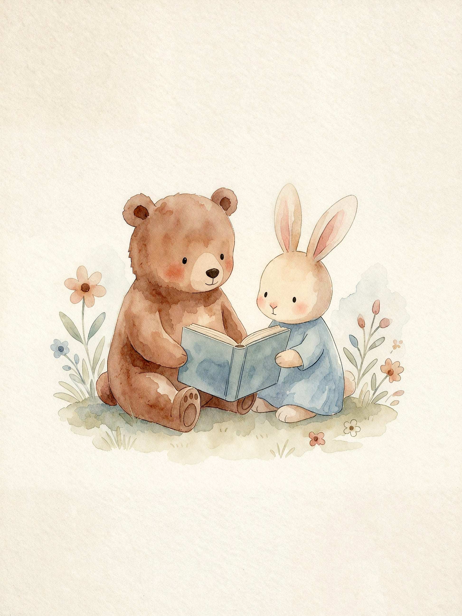 Bear and bunny sharing a book — Scandinavian watercolor nursery poster