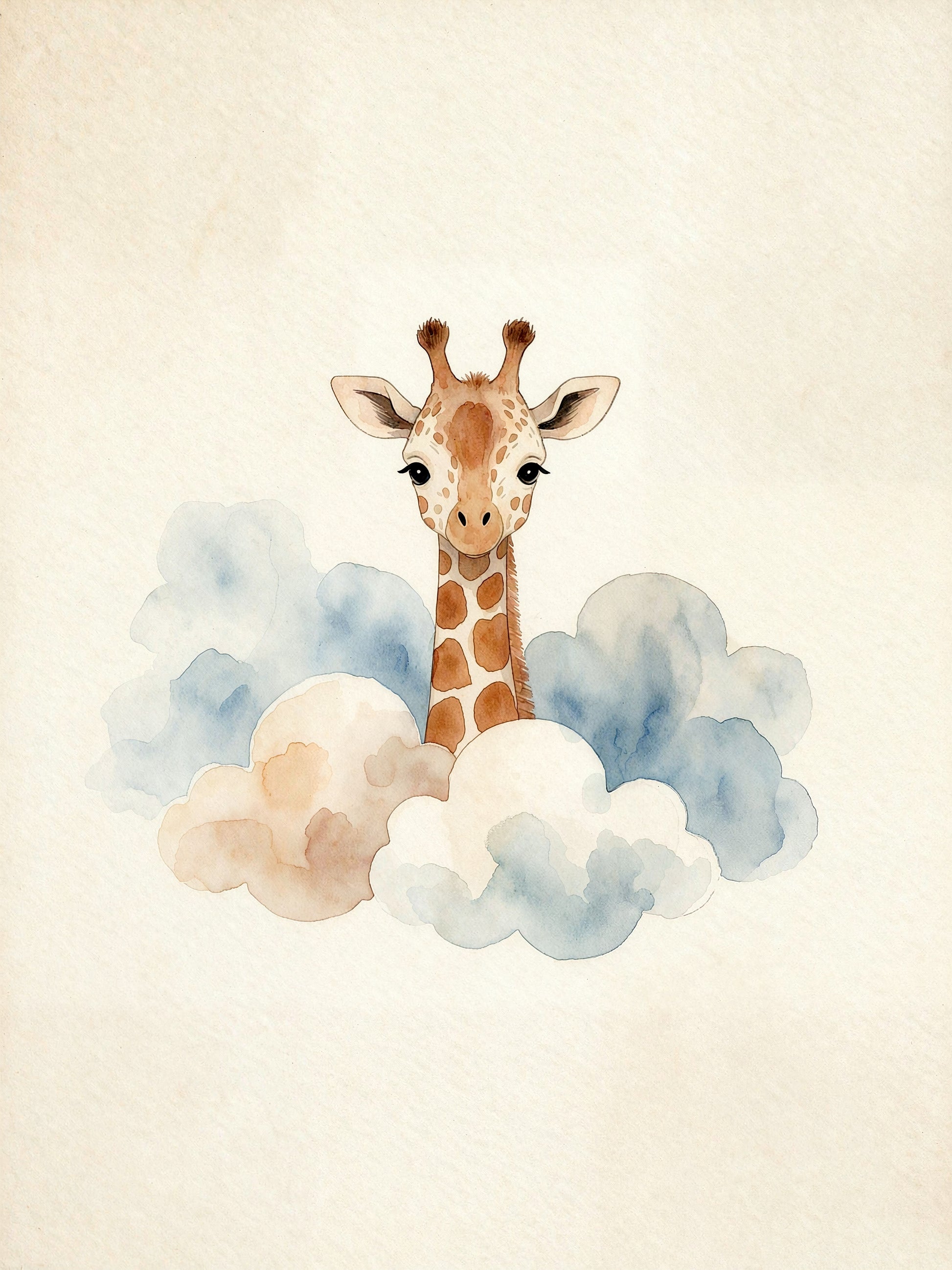 Giraffe peeking above soft clouds — Scandinavian watercolor nursery poster