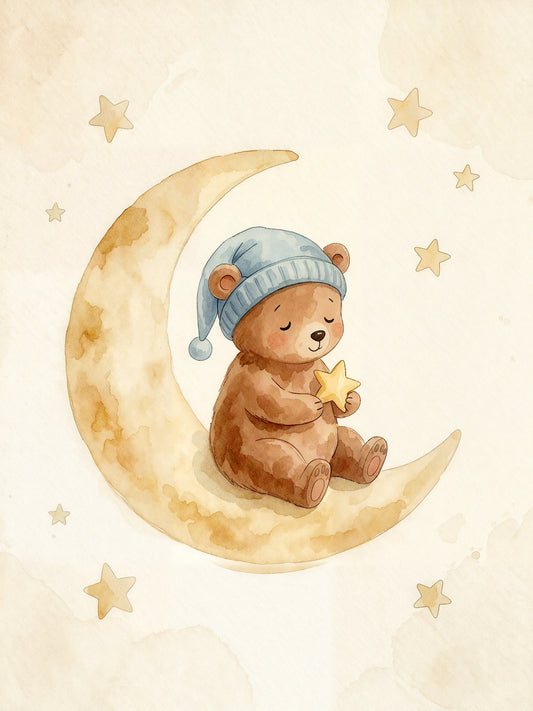 Sleepy bear on a crescent moon — Scandinavian watercolor nursery poster