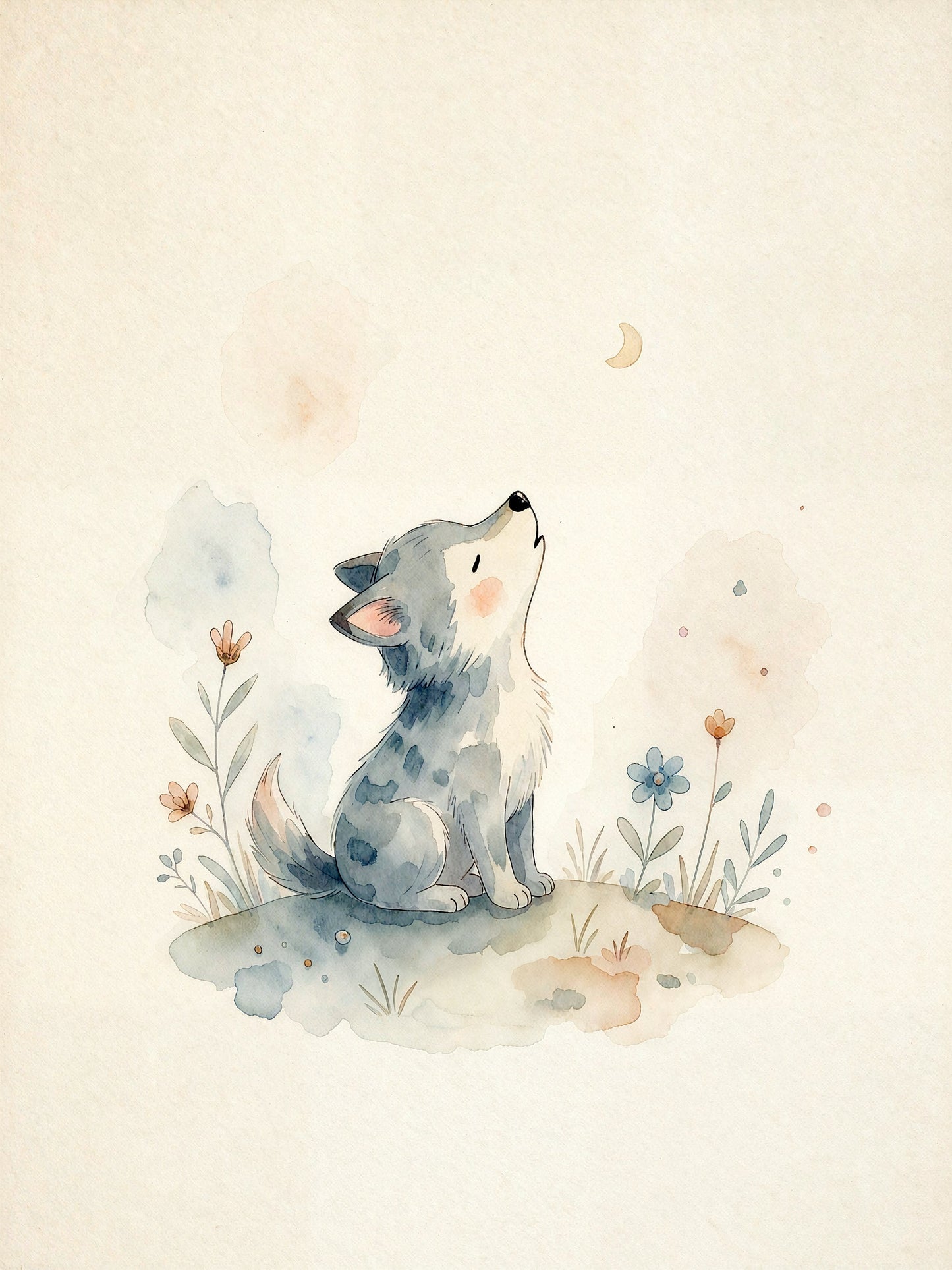 Wolf cub howling at a tiny moon — Scandinavian watercolor nursery poster